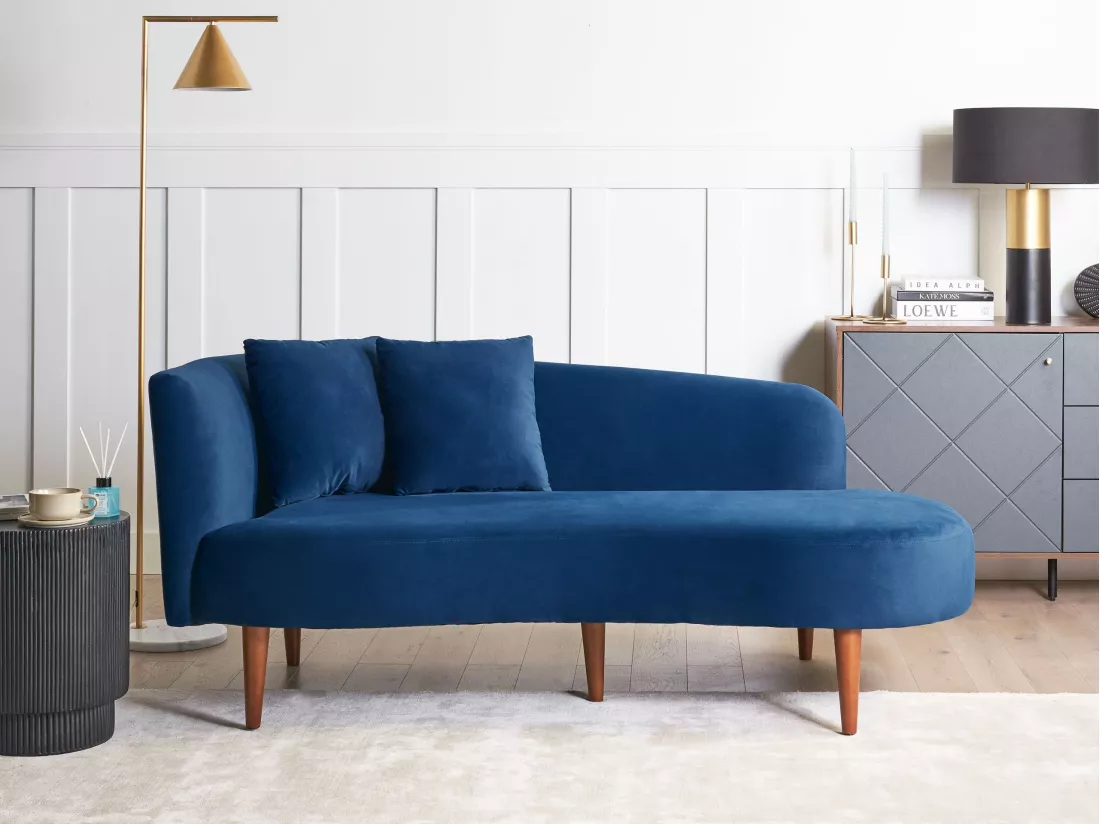 Chaise longue côté droite en velours bleu CHAUMONT