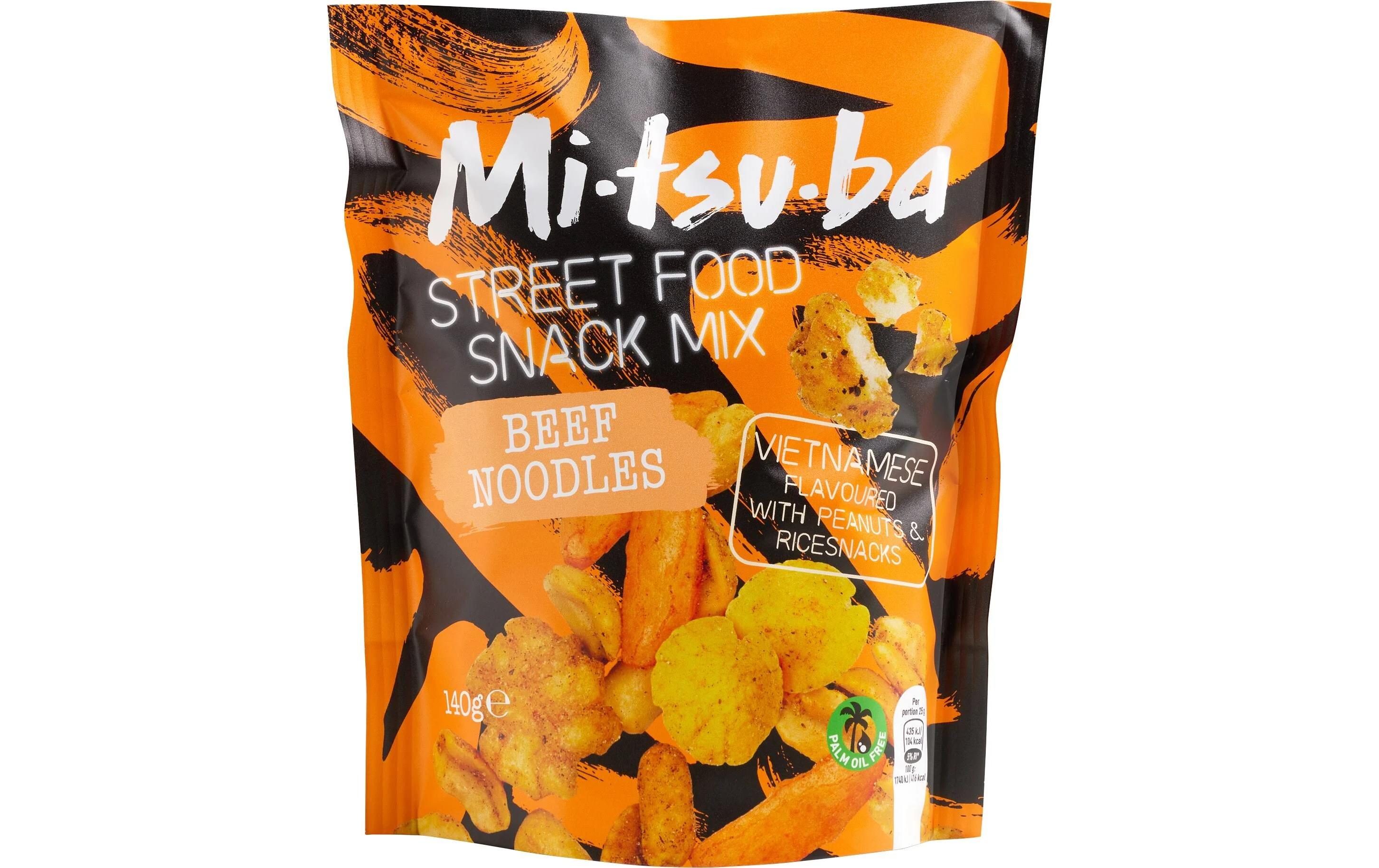 Street Food Mix Beef Noodles 140 gWürziger Knabberspass aus Asien mit Reiscrackern und Erdnüssen im Teigmantel, Rindfleischgeschmack