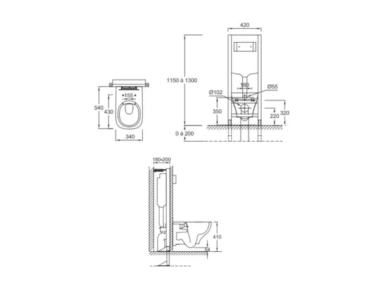 Pack WC suspendu sans bride JACOB DELAFON Struktura + abattant + plaque + bâti + Porte-balai Eo carré