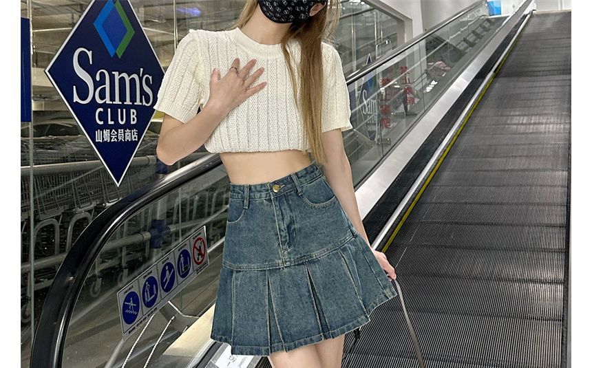 Elvik - High Rise Washed Plooi Mini A-lijn Denim Rok