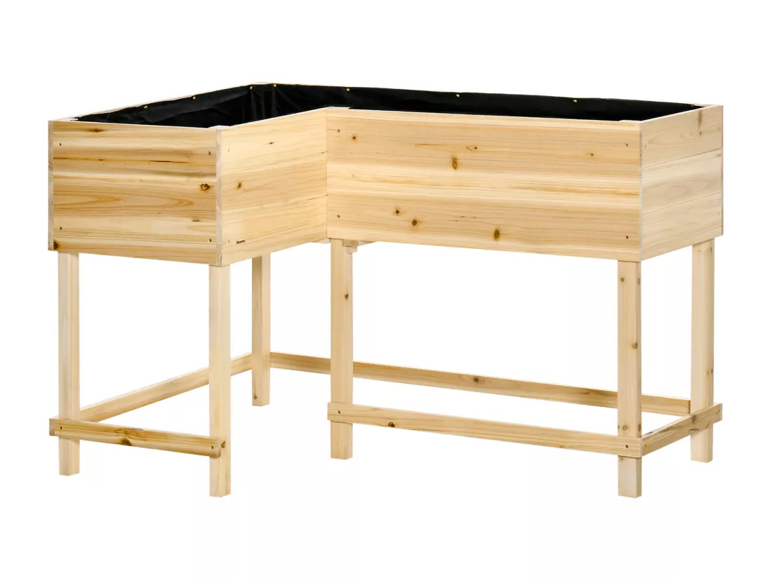 Jardinière sur pieds potager d'angle dim. 121L x 91l x 81H cm inserts d'irrigation + feutre de drainage inclus bois sapin pré-huilé