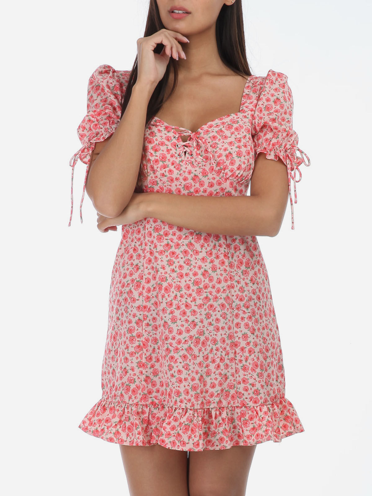 Robe patineuse à fleurs- Rose