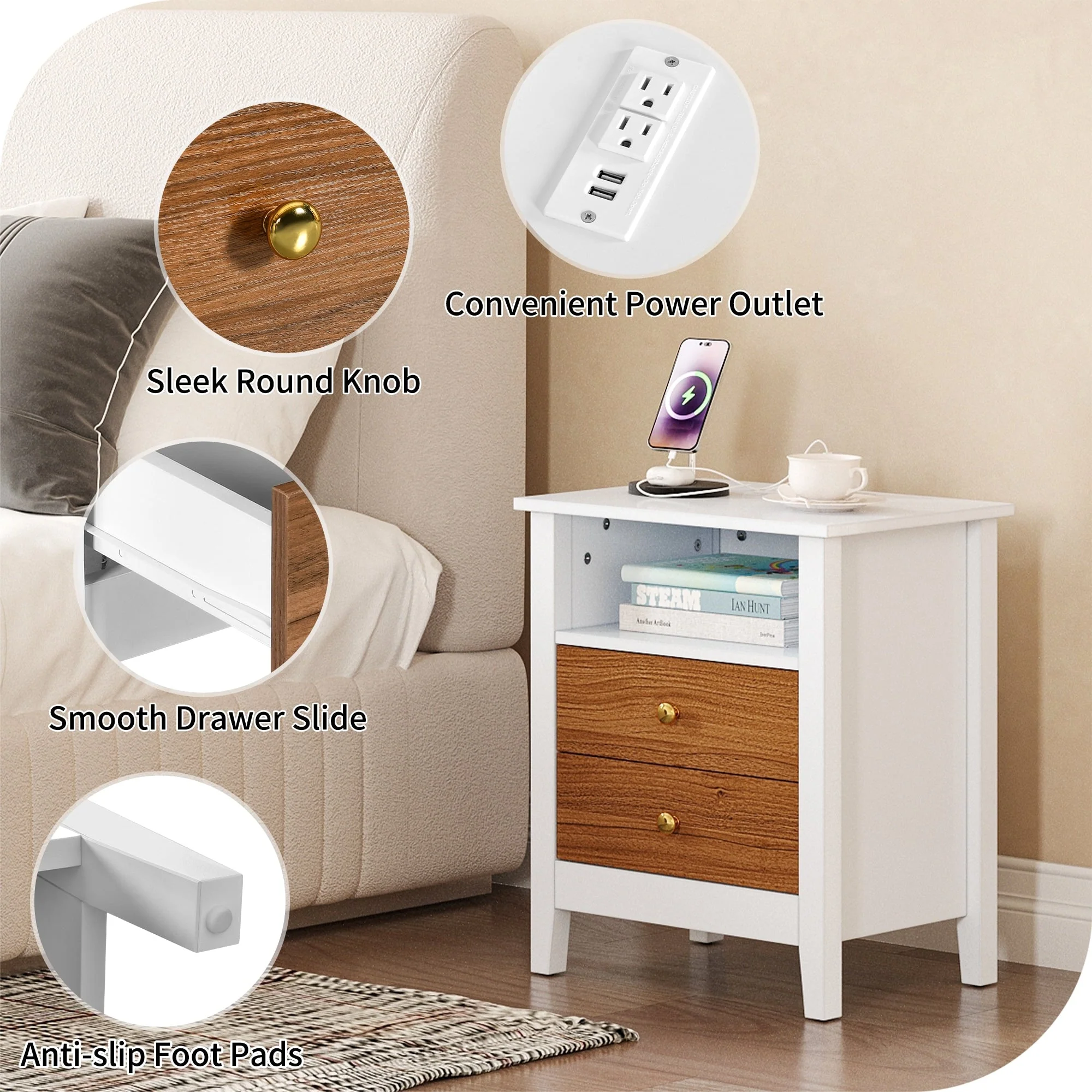 Nightstand Set of 2 with Charging Station End Side Table with 2 Drawers with USB Ports and Outlets Bedside Bed