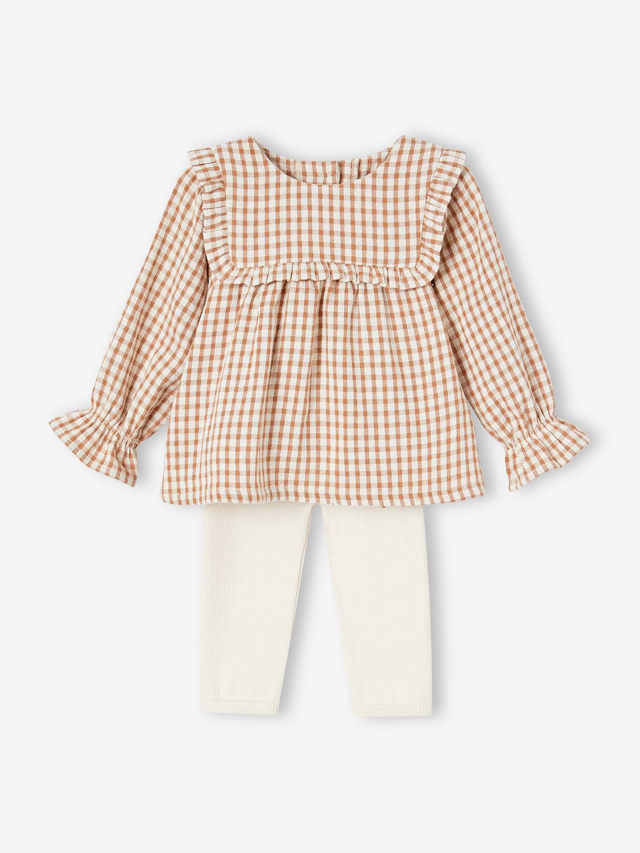 Conjunto para bebê: vestido xadrez vichy e leggings combinando na cor noz-pecã