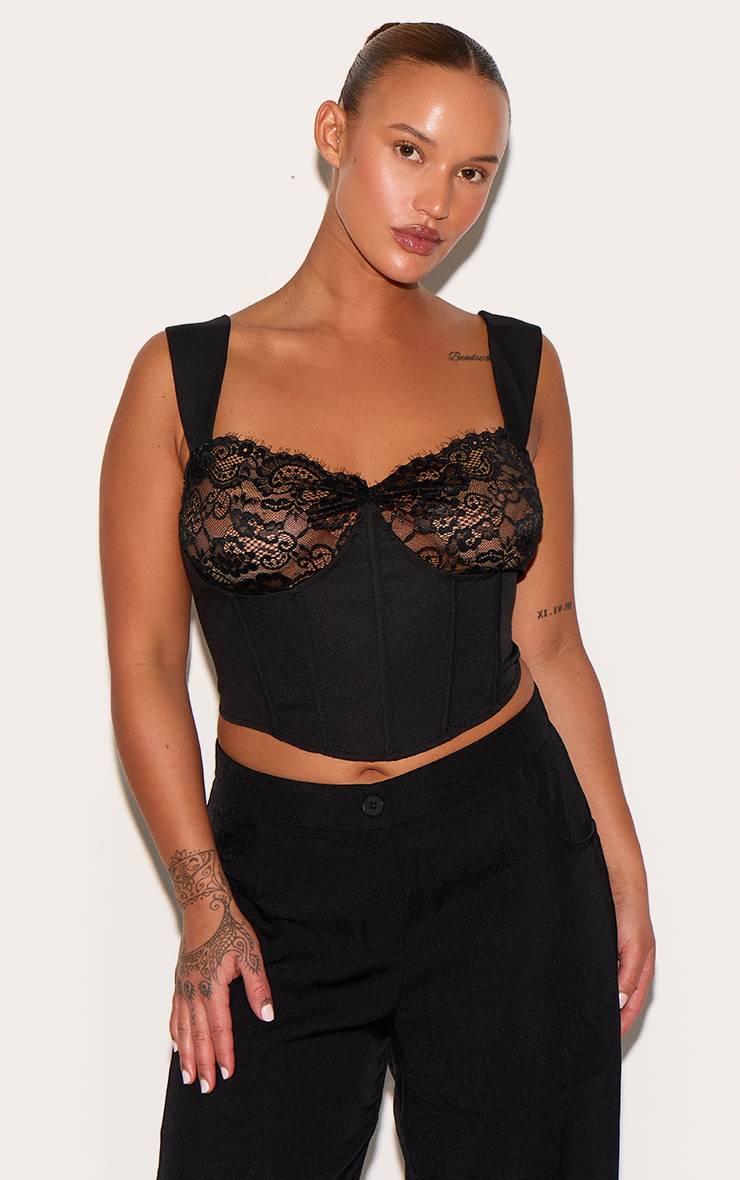 Noir Haut Corset Grande Taille Avec Bordure En Dentelle