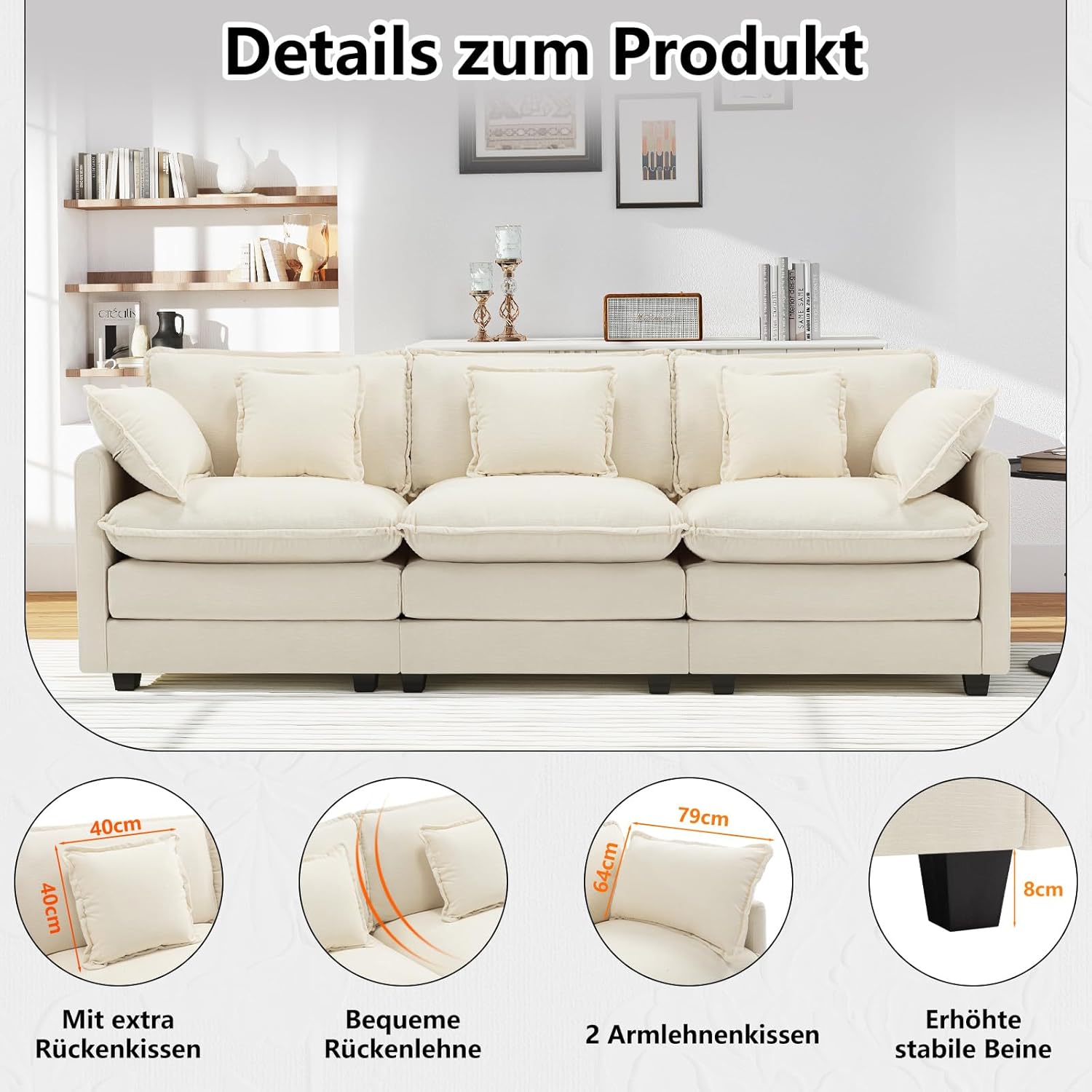 3-Sitzer Cloud Sofa, Bequeme Doppelsitzkissen, Modernes Sofa mit Armlehnen/Dekokissen, Atmungsaktivem Chenille-Stoff, Couch für Wohnzimmer, Beige