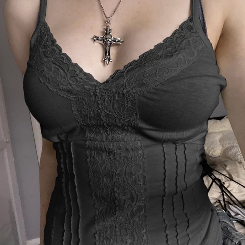Honet - V-hals camisole top met effen kantpaneel en slanke pasvorm