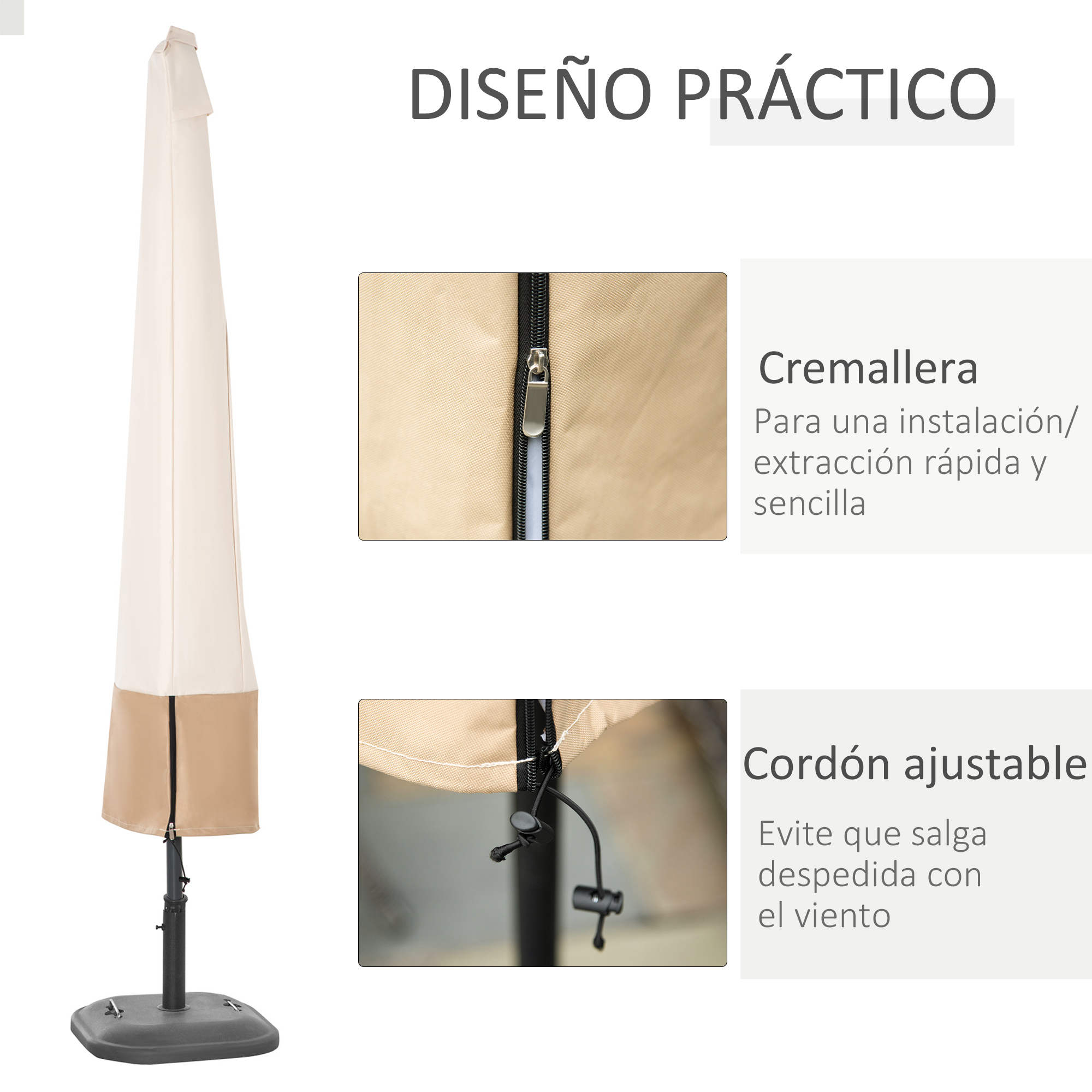 Capa impermeável para guarda-sol de jardim Outsunny, tecido Oxford 600D, Ø60x190 cm, capa protetora para guarda-sol com elástico e zíper para pátio, terraço e uso externo, bege.