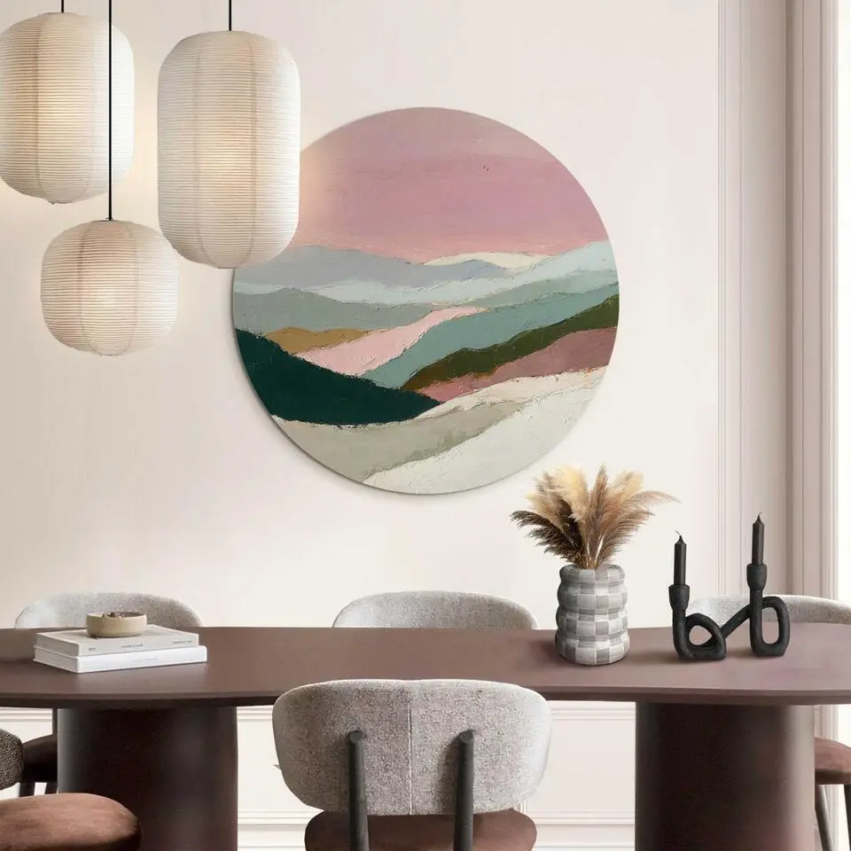 Glasschilderij Bergen in roze wolken I - Ø 70cm - Roze