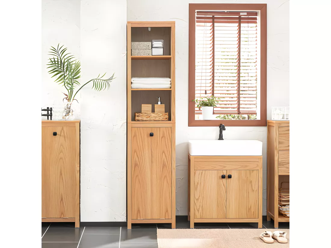Meuble Colonne de Salle de Bain avec 1 Panier à Linge et 3 Étagères, BZR95-N