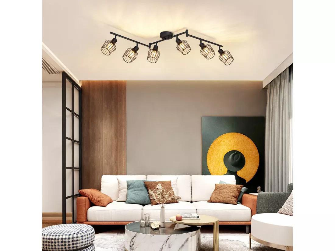 NETTLIFE Plafonnier E14 6 flammes spot de plafond noir spot industriel LED rotatif 350° dimmable