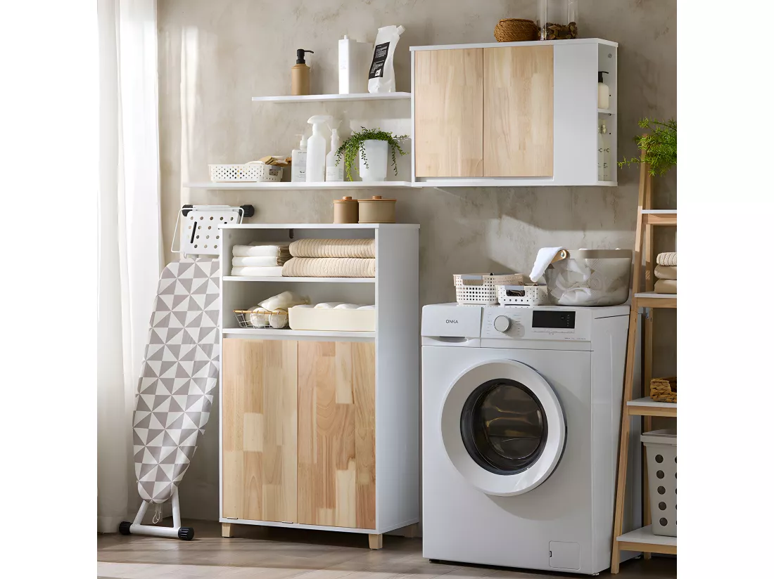 SoBuy Meuble Bas de Salle de Bain avec Bac à Linge Amovible Armoire à Linge Commode pour Salle de Bain Armoire Toilette avec 3 Compartiments et 1 Panier à Linge, 64x33x110 cm, BZR143-WN