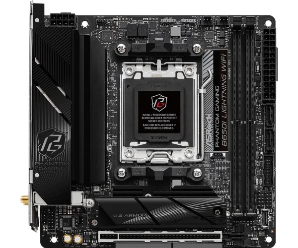 ASRock Phantom Gaming B650I Lightning WiFi - Bundkort - mini ITX - Socket AM5 - AMD B650 Chipset - USB-C 3.2 Gen2, USB-C 3.2 Gen 1, USB 3.2 Gen 2, USB 3.2 Gen 1 - 2.5 Gigabit LAN, Wi-Fi 6E, Bluetooth - onboard grafik (CPU påkrævet) - HD Audio (8-kana