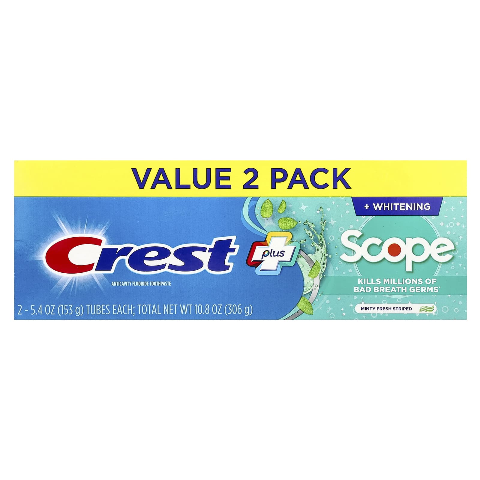 Crest, Plus Scope, anticariës fluoride tandpasta, Minty Fresh Striped, 2-pack, 153 g per stuk
