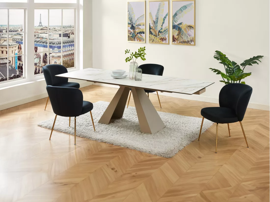 Table à manger extensible 6 à 10 personnes en verre trempé, céramique et métal - Effet marbre blanc et beige - LOZIPA de Maison Céphy