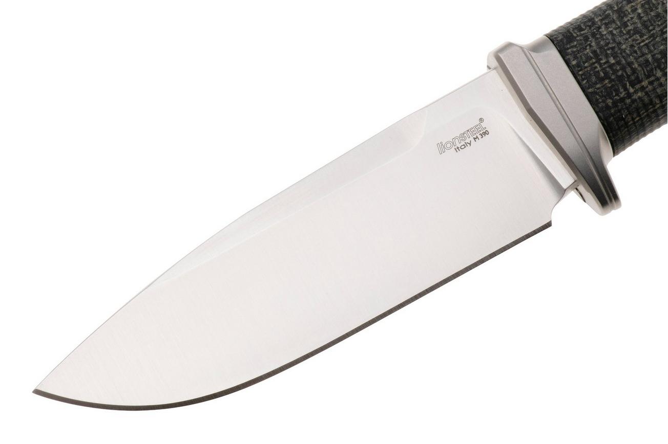 LionSteel Acha AH BLB Satin M390, Black Burlap Micarta, Titanium Guard, vaststaand mes