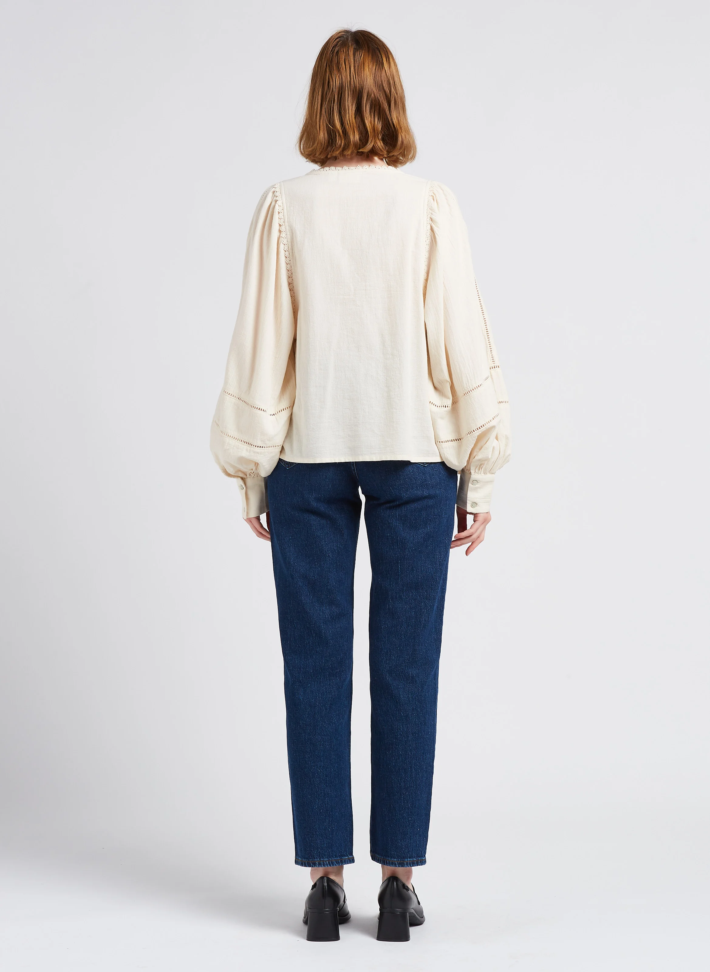 Jean droit à taille haute en coton délavé| Bleu