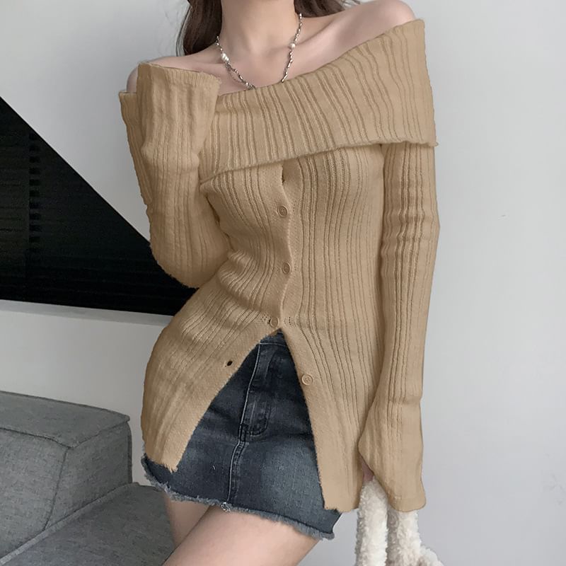Sosana - Geribbelde trui met lange mouwen en off-shouldermotief