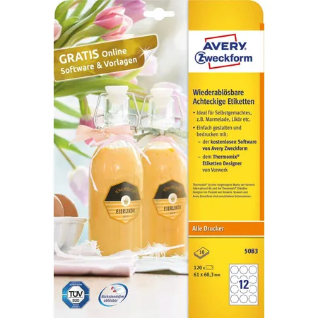 Avery Zweckform 5083 Wiederablösbare, achteckige Etiketten,A4 61 x 60,3 mm, 10 Bogen/120 Etiketten, weiß