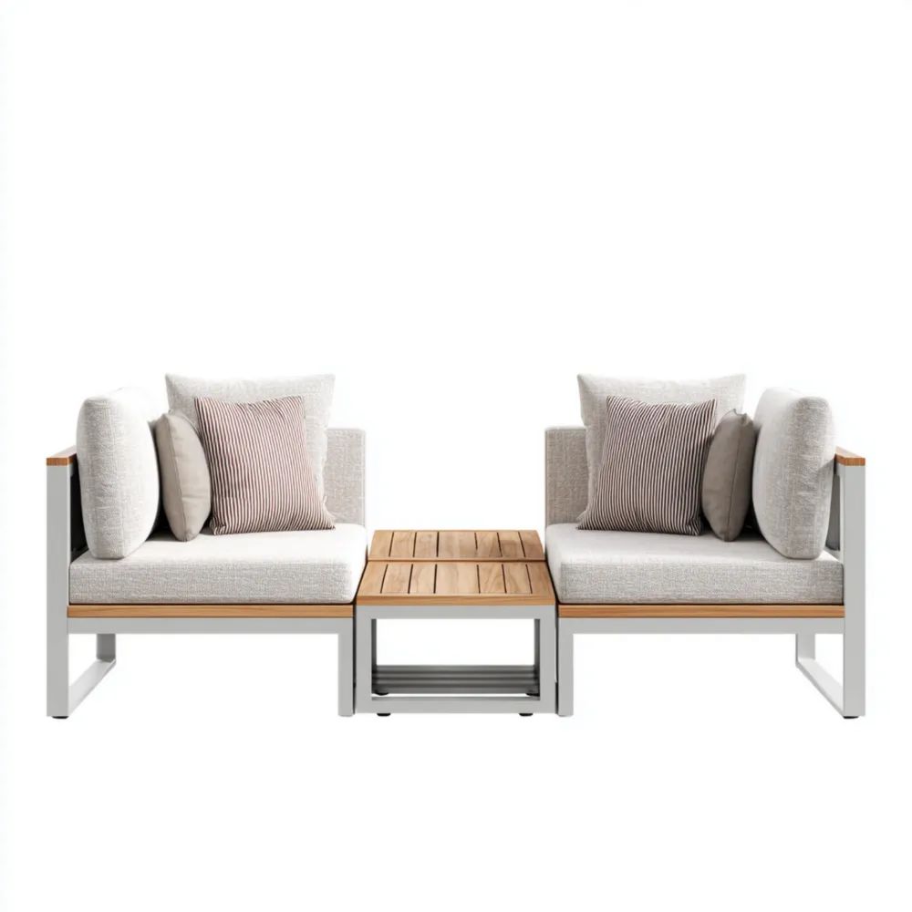 Gartensofa-Set Metall-Holz Polsterung 200x85x36 cm - Hellgrau - Modern