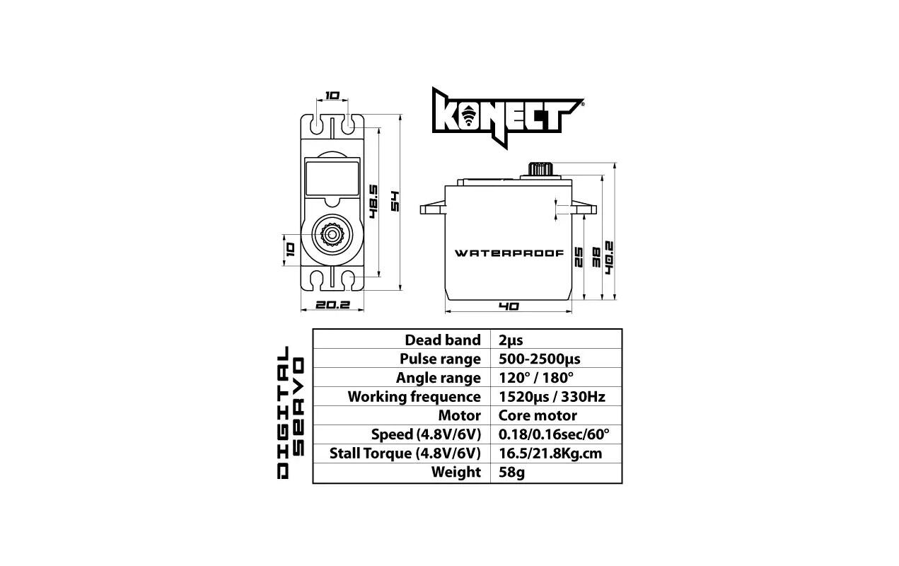Standard Servo 2113LVWP 21 kg, 0.16 s, Digital, WasserdichtWasserdichtes, Digitales Standard-Servo mit Metallgetriebe