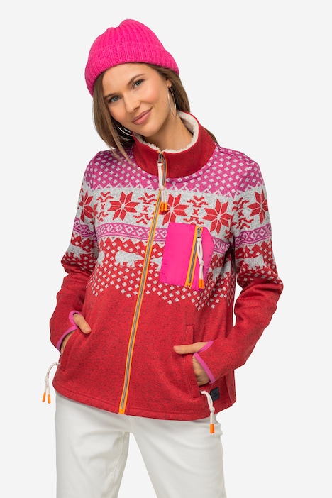 Strickfleece-Jacke, Norweger-Muster, Stehkragen, Zipper, Langarm