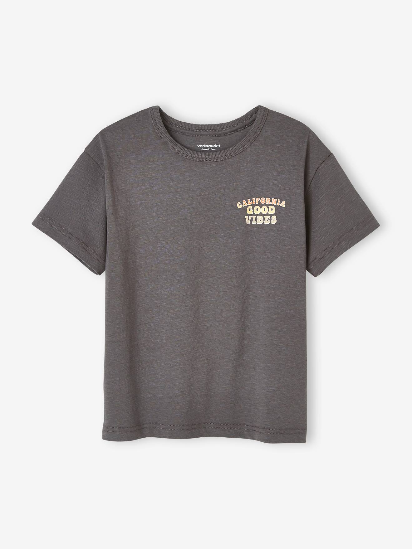 Camiseta infantil cinza com estampa gigante nas costas.