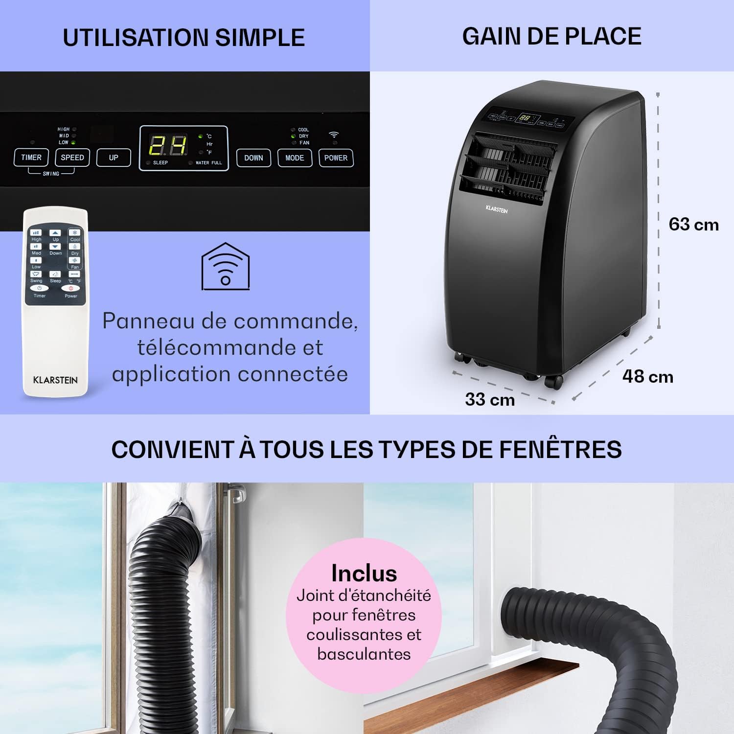 Klarstein Climatiseur Mobile Silencieux, 4 en 1, Mode Nuit, Déshumidificateur, Ventilateur, Mini Climatisation à Faible Conso, Evacuation, Clim Portable, Puissante, 10000 BTU