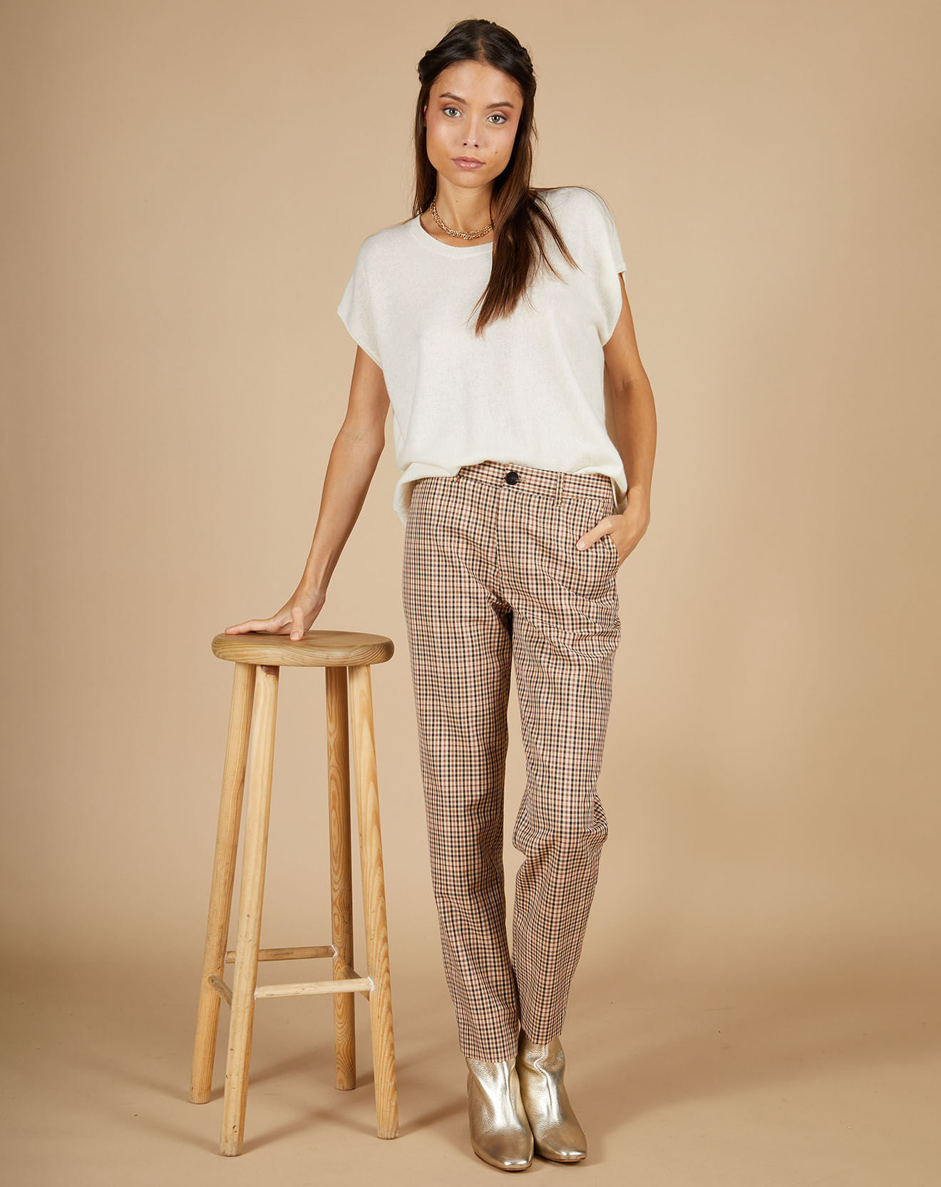 Cashmere Tribu Pull 100% Cachemire manches courtes Charline boutons au dos blanc cassé