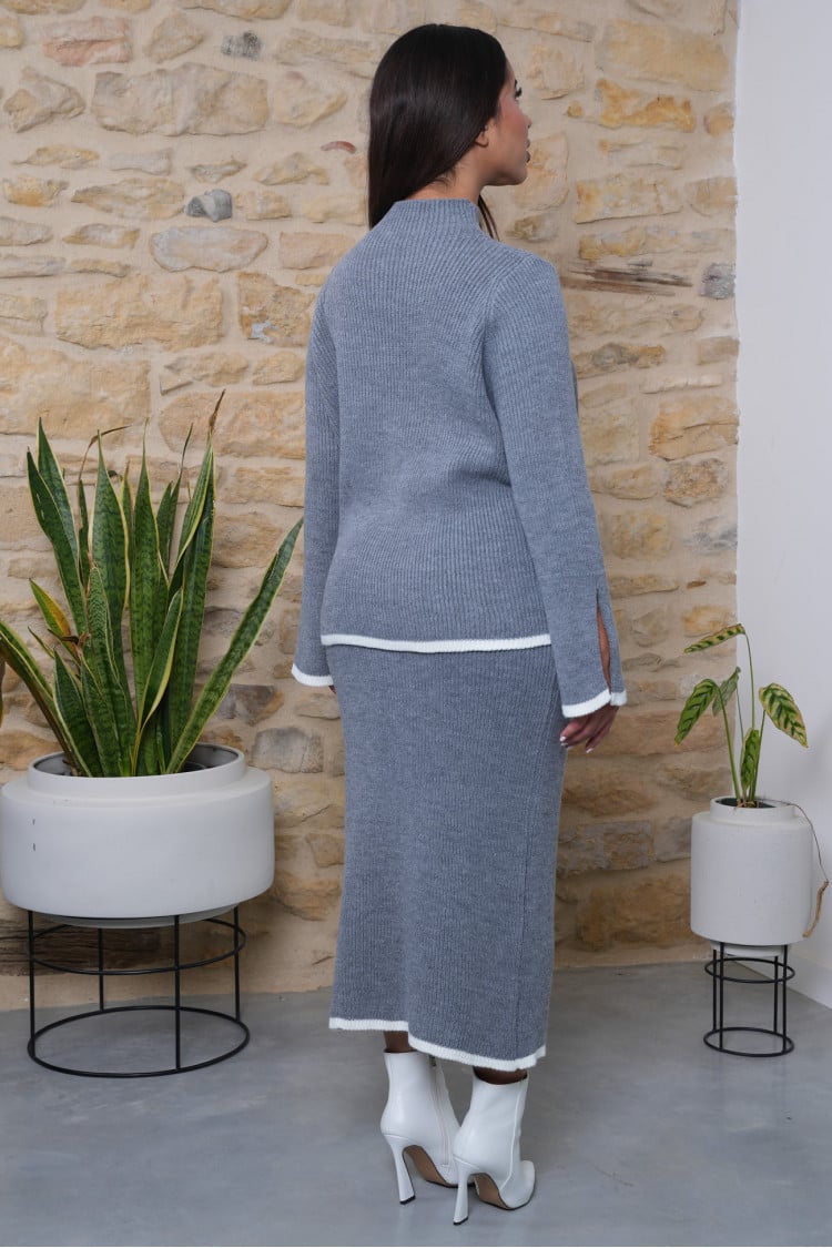 Ensemble 2 pièces pull + jupe en maille gris et beige