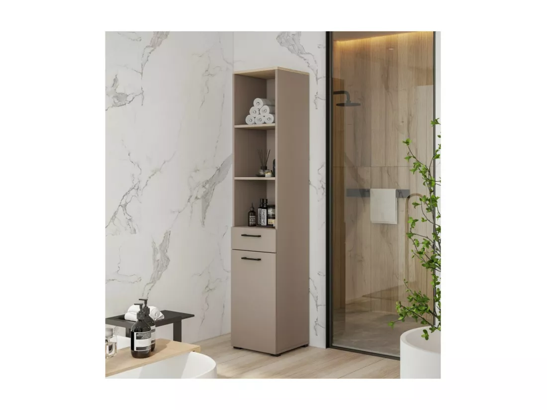 Meuble de rangement haut collection WASHING – 1 tiroir, 1 porte et 1 panier – Taupe et chêne