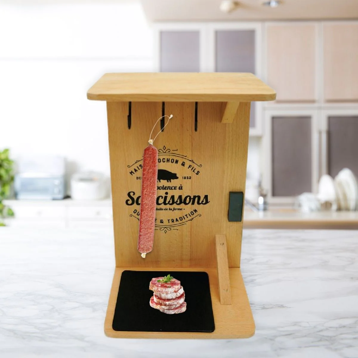 Support en bois pour saucisson sec avec crochets Fackelmann