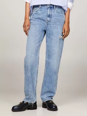 Calça jeans clássica de cintura alta, reta e com efeito desgastado.