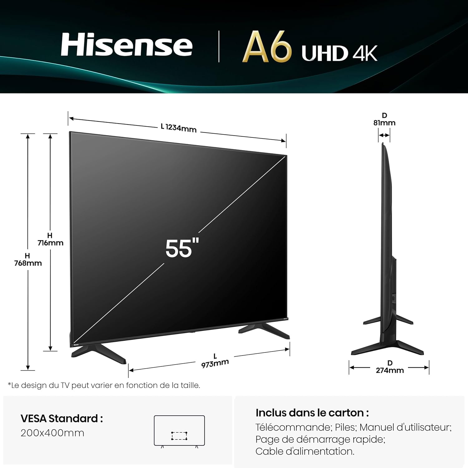 Hisense 43 inch 43A6Q 4K UHD Dolby Vision HDR VIDAA Smart TV with Youtube, Netflix, Disney+, Channel + (2025 Model) [Classe énergétique G]