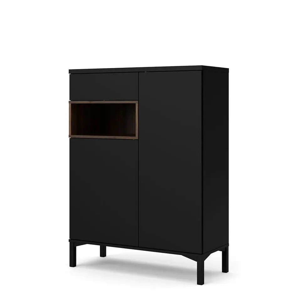 Hioshop Ringe dressoir 2 deuren- 1 lade en 1 vak zwart en walnoot decor