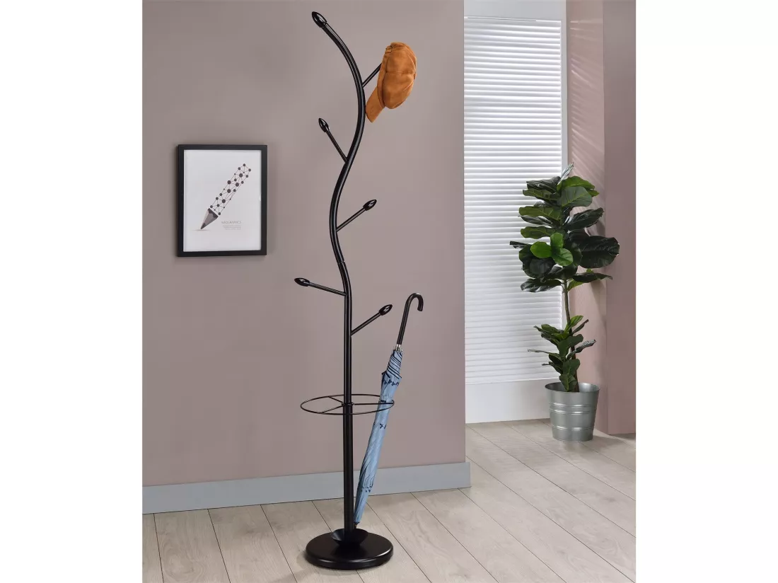Porte-manteaux TRIANA portant à vêtements sur pied en forme d'arbre avec 6 crochets et un porte parapluie, métal laqué noir et bois