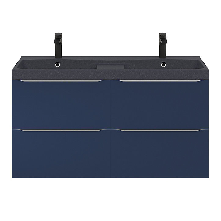 Ensemble salle de bains l.120 cm meuble à suspendre Imandra bleu nuit mat + plan double vasque résine noir