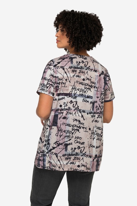 T-Shirt, oversized, Scribble-Muster, Smiley, Rundhals, Halbarm