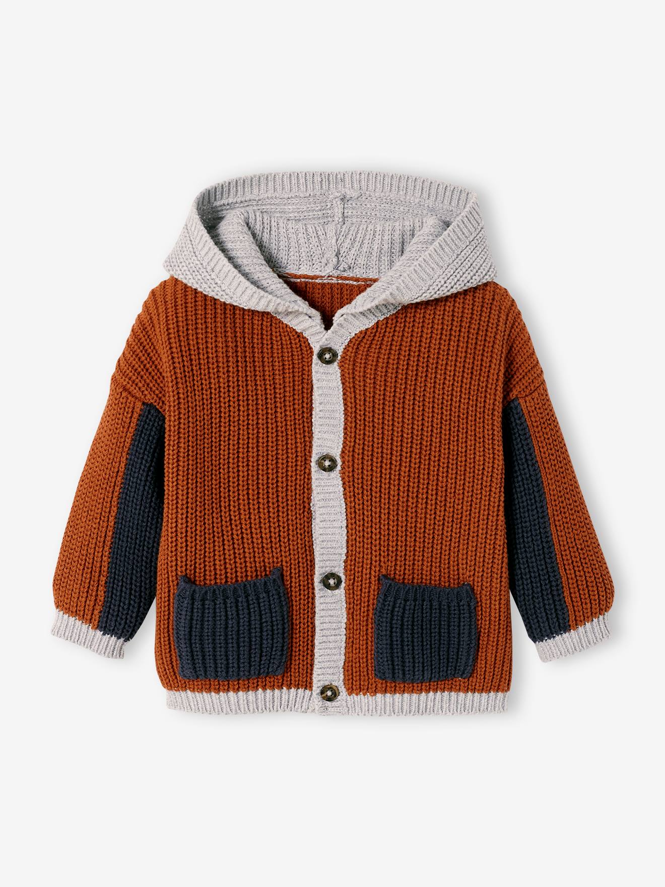 Casaquinho de tricô para bebê com capuz, vermelho escuro liso com estampas.