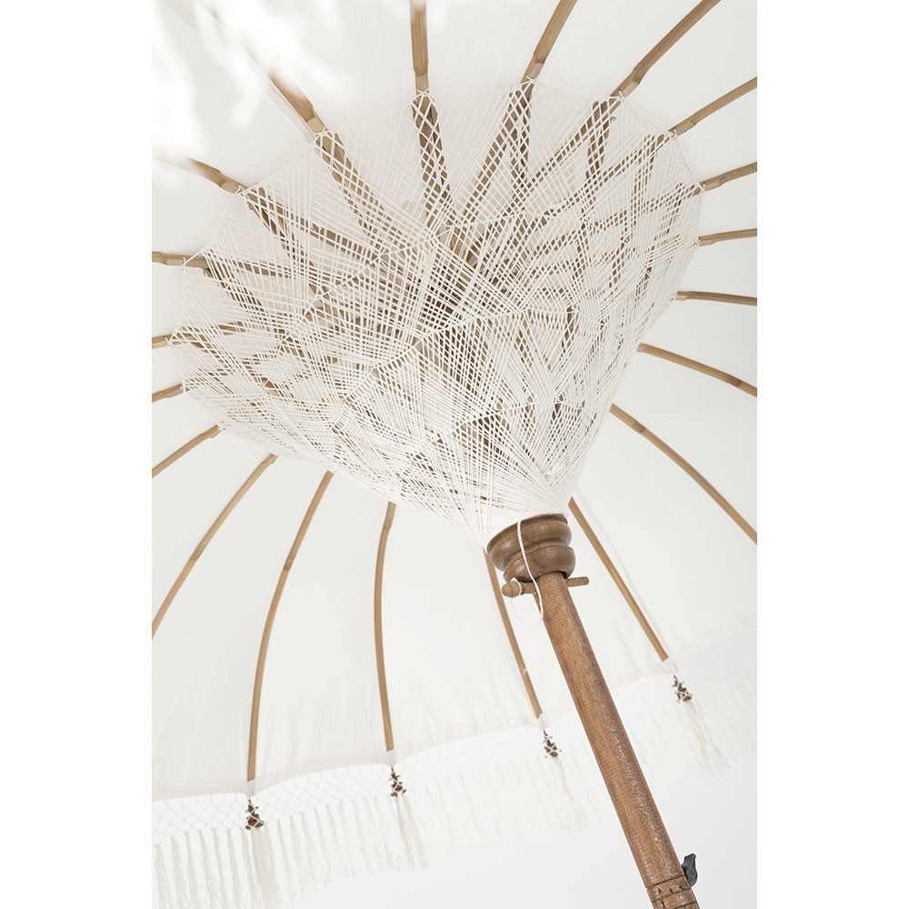 Parasol + pied + pompon coton/bois blanc marron l