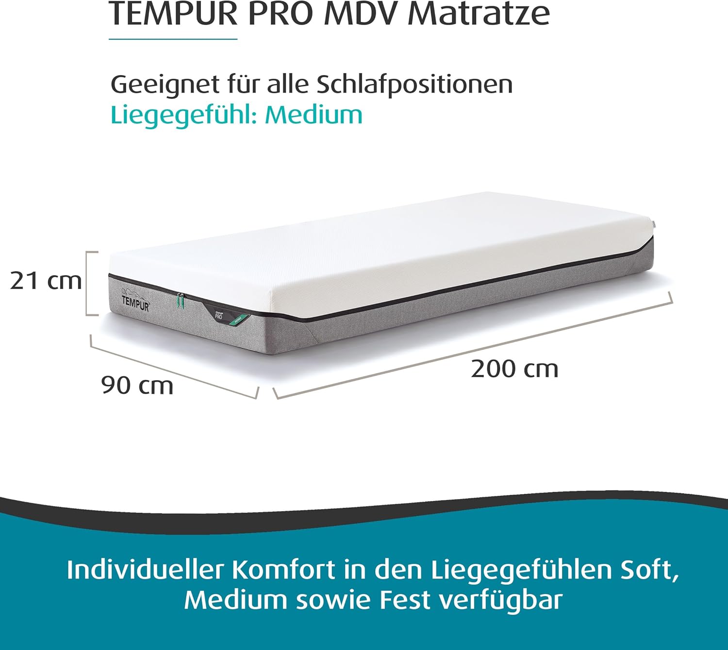 TEMPUR PRO MDV Memory Foam Matratze 90 x 200 cm - Höhe 21 cm, Schaumstoff-Matratze mit Druckenlastung & Bewegungsabsorption, Liegegefühl Medium, Bezug abnehmbar & waschbar