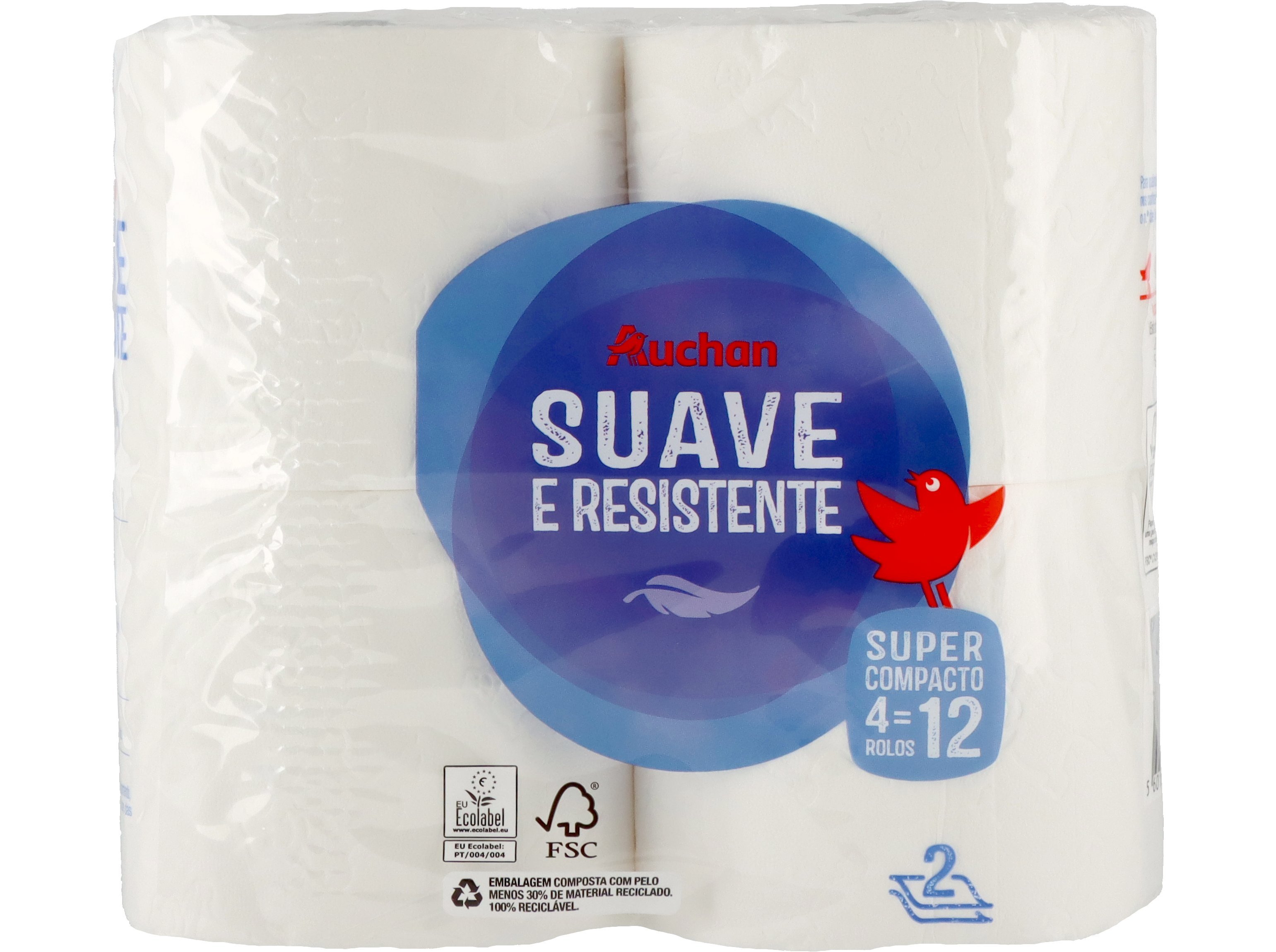 PAPEL HIGIÉNICO AUCHAN SUAVE E RESISTENTE FOLHA DUPLA SUPER COMPACTO 4 ROLOS = 12 ROLOS