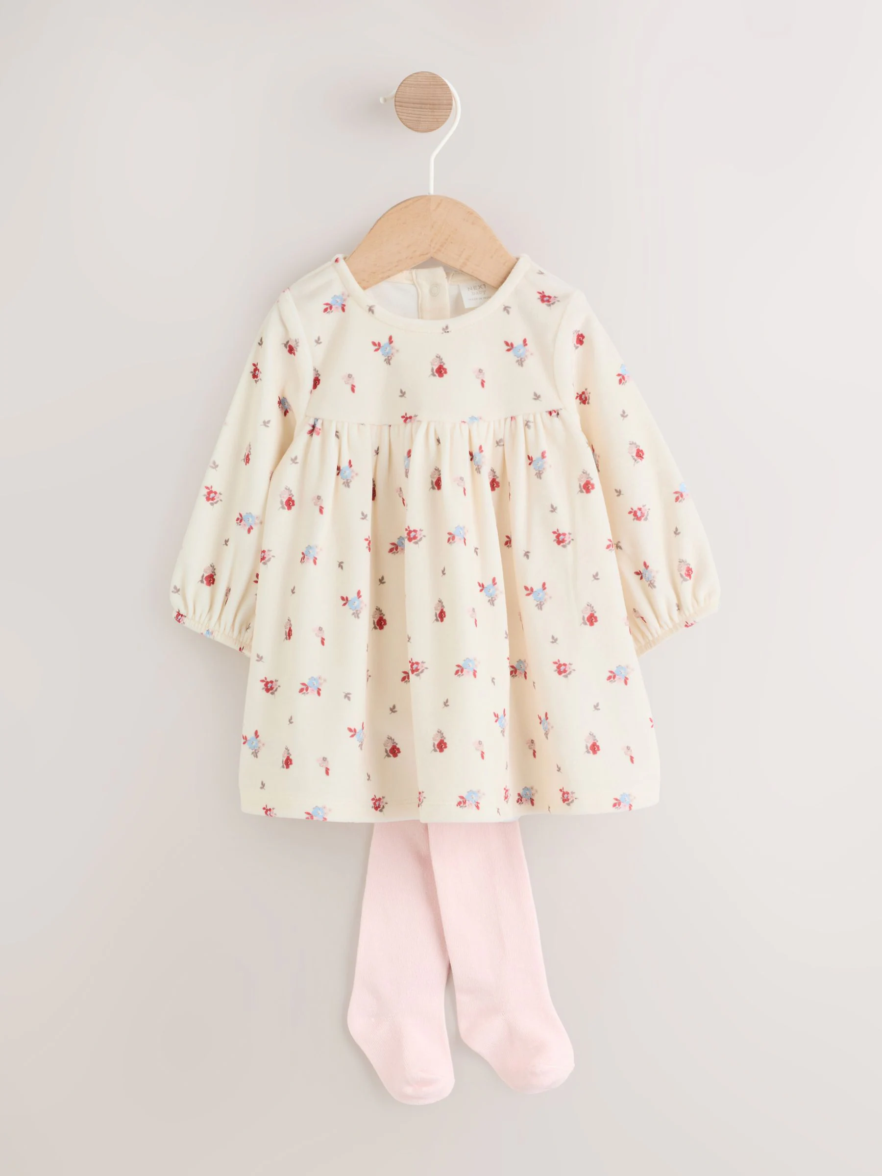 Crème met bloemetjesprint - 2 -delige Baby Set van velours Jurk met Lange mouwen en Panty''s (0mnd-2jr)