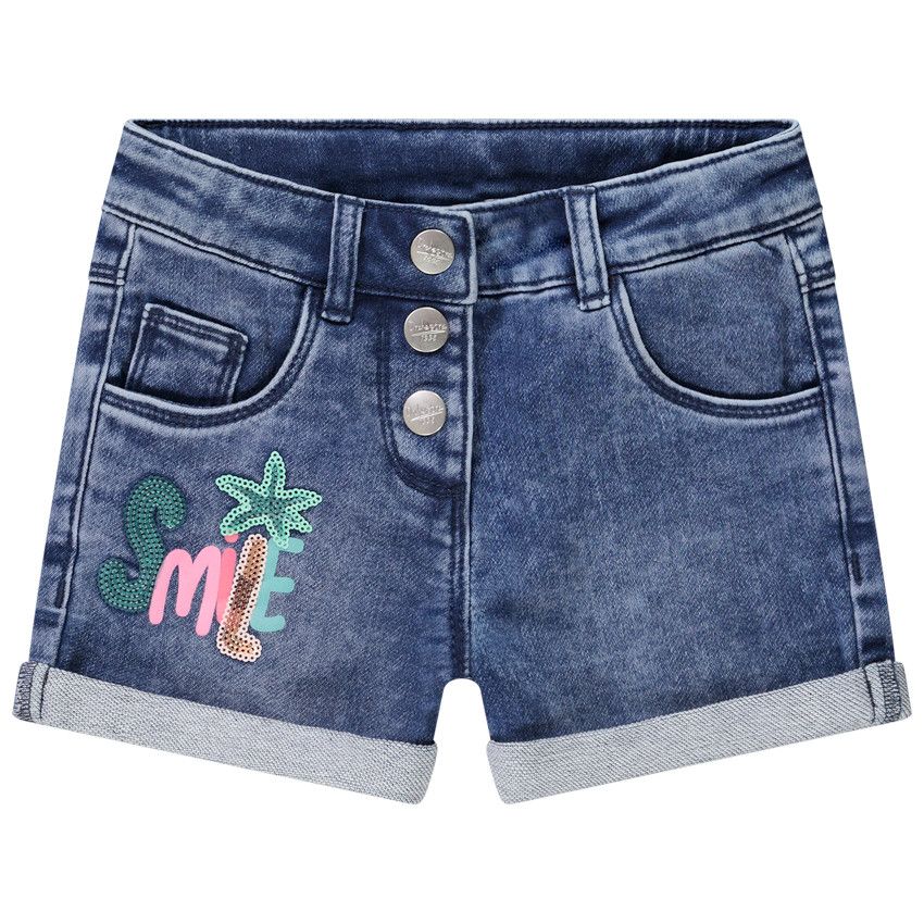 Short effet jean délavé avec print et sequins pour fille - Bleu