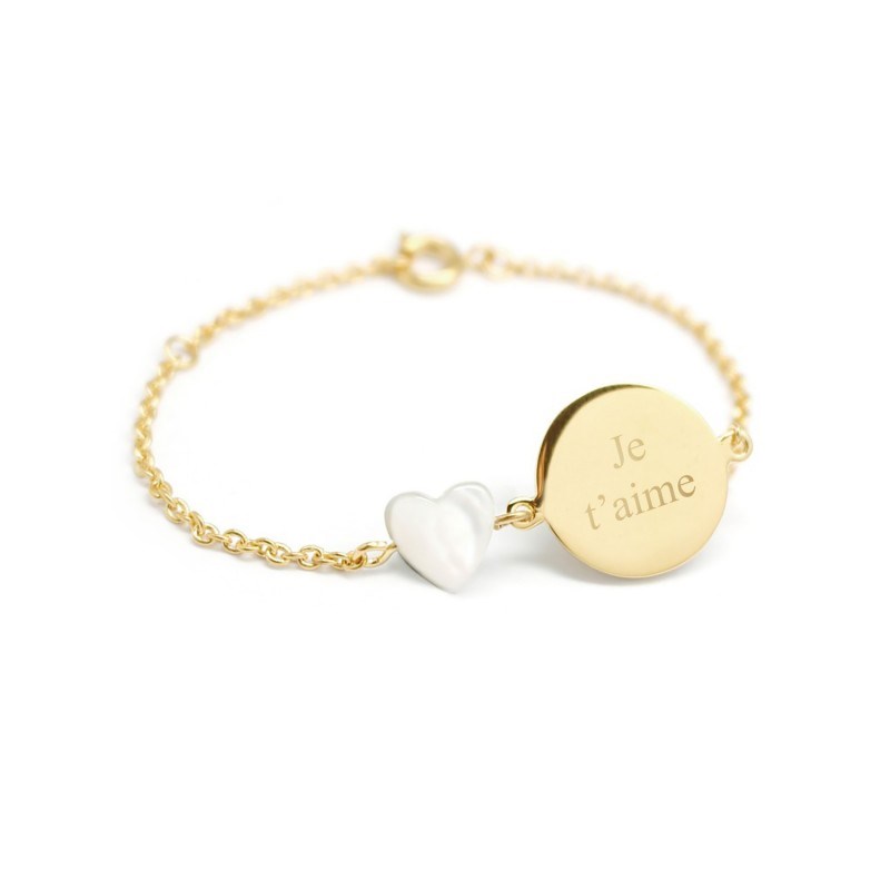 Bracelet chaine médaille nacre coeur plaqué or enfant - gravure JE T'AIME