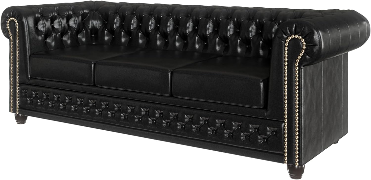 George Sofa 3-Sitzer Chesterfield-Sofa für Wohnzimmer Lounge Couch Aus Veganem Leder Möbel Freistehende Polster Sofas & Couches Couchgarnitur Schwarz 203 x 86 x 72 cm