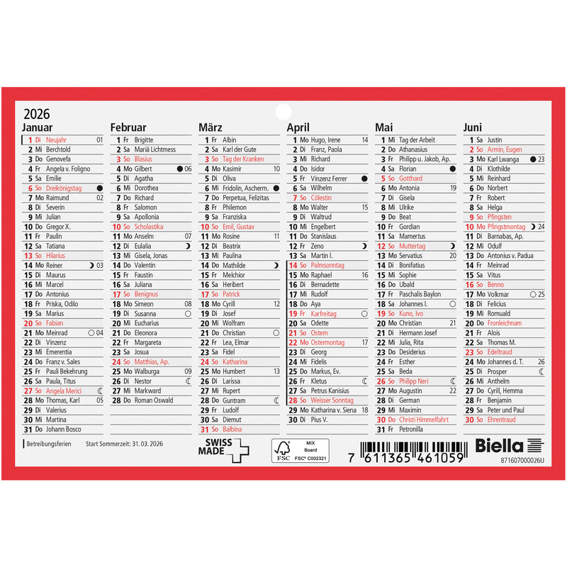 Biella Wandkalender 2026, 6 Monate / Seite