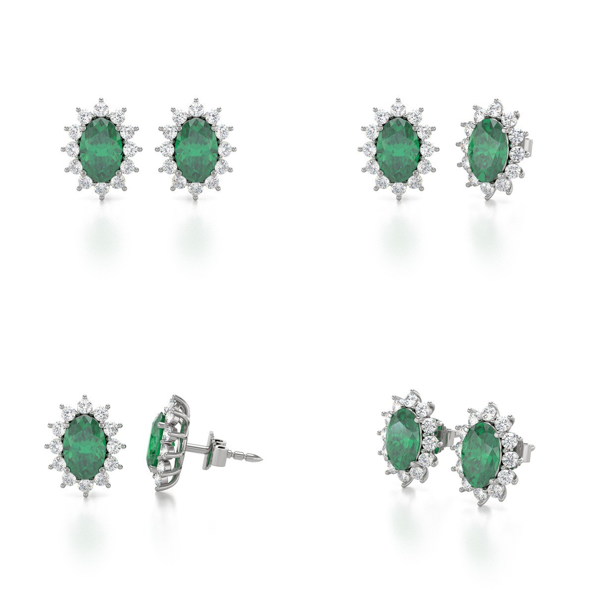 Boucles d'oreilles ADEN Or 585 Blanc et Emeraude Forme Marquise 1.4grs