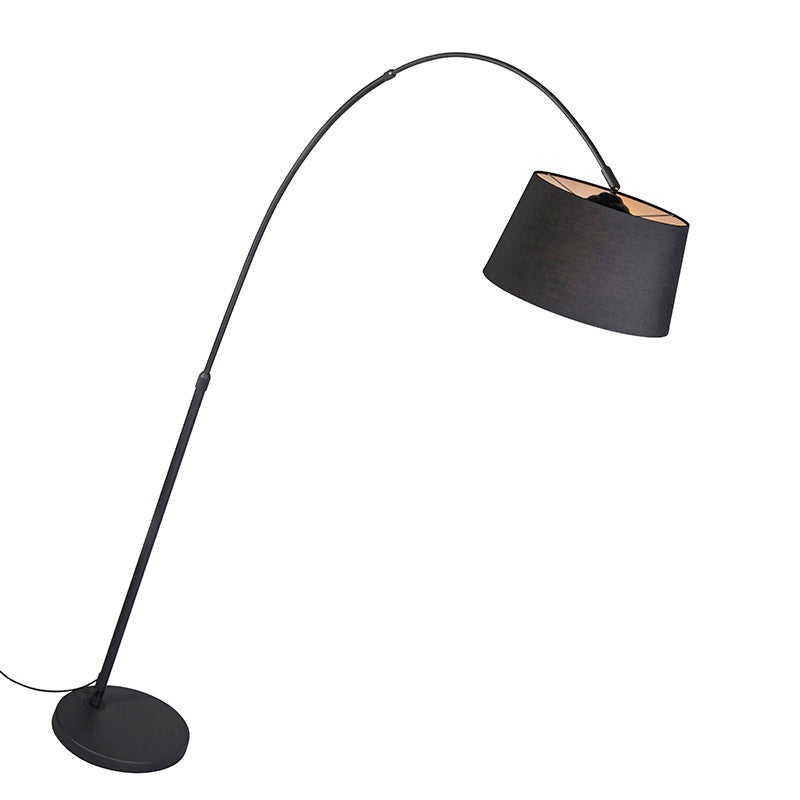 QAZQA - Moderne booglamp, zwart met zwarte stoffen kap - Arc Basic I Woonkamer - Rond staal - LED-compatibel E27