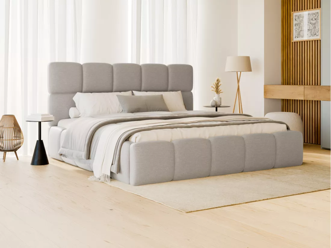 Lit coffre 140 x 190cm - Tissu chiné - Gris clair + Matelas - DAMADO de Pascal Morabito